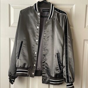 Never Denim Satin Bomber Jacket